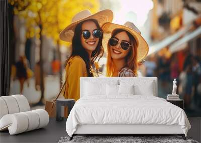 Two cheerful female friends holding shopping bags on sunny spring day. Women making shopping during spring sales season Wall mural