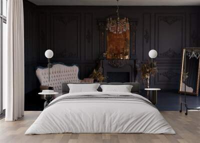 Black room interior with a vintage sofa, chandelier, mirror and fireplace Wall mural