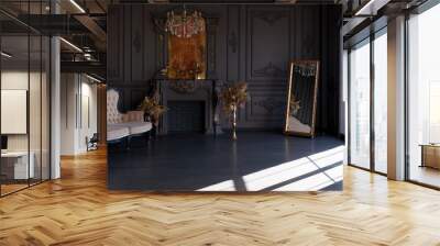 Black room interior with a vintage sofa, chandelier, mirror and fireplace Wall mural