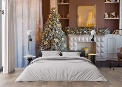 Christmas background. Luxury interior room with fireplace decorated in xmas style. No people. New year tree and gifts Wall mural