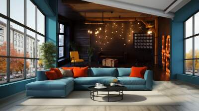 Modern interior in a dark color with a leather sofa and large window. Loft style living room Wall mural