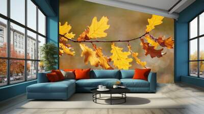 Autumn oak leaves on a branch. Yellow leaves. Autumn concept (selective DOF) Wall mural