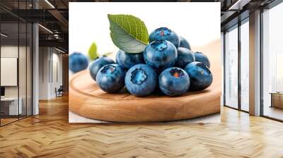 fresh blueberry fruits with leaf on white wood background Wall mural