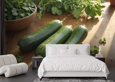 Two fresh green zucchini squash on a wooden surface Wall mural