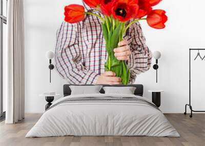 Boy with bouquet of tulips Wall mural