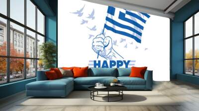 Happy Ohi Day or Oxi Day vector illustration. Public holiday in Greece. hand in patrician impulse raises the national flag. Suitable for greeting card, poster, banner and cup. Wall mural