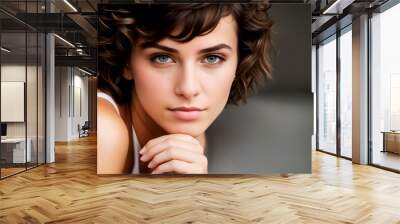 Young beautiful brunette girl with short dark curly or wavy brown hair with a confident gaze, indoors close-up. Generative AI. Wall mural