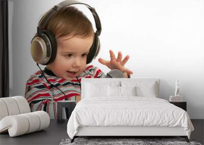 speaking toddler with headphones and microphone Wall mural