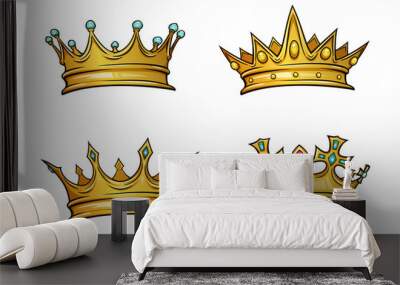 Golden crown mascot with colorful gem stones. Vector illustration isolated on white background. Good for logos, icons, posters, stickers. Wall mural