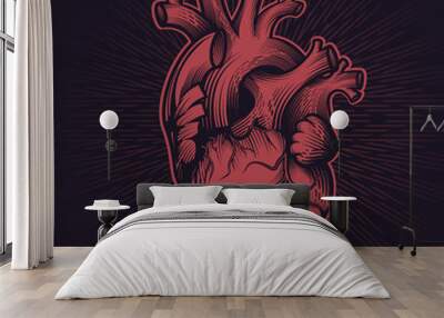 Human heart in engraving technique with star rays on dark background. Anatomically correct hand drawn line art. Tattoo, tee shirt print design. Vector illustration. Wall mural