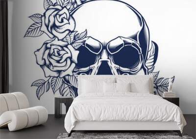 Skull poster design. Vector illustration of human skull with roses in engraving technique isolated on white background.  Wall mural