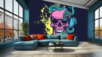 Skull with tentacles design. Vector illustration of human skull with octopus tentacles and ink splash in engraving technique isolated on black. Wall mural