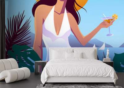 summer vacation poster. smiling beautiful woman in white swimsuit and summer hat, sitting on the bal Wall mural