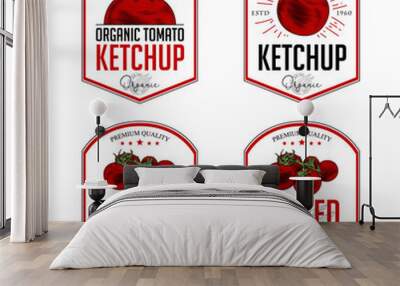 Tomato ketchup, sauce  badge label design set. Vector hand drawn illustration of tomatoes in engraving technique. Vintage shield form templates for tomato sauce packaging.  Wall mural