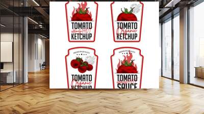 Tomato ketchup, sauce badge label design set. Vector hand drawn illustration of tomatoes in engraving technique. Vintage shield form templates for tomato sauce packaging.  Wall mural