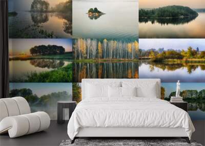 A collection of photos of rivers with a reflection of the coast. Set, Collage Wall mural