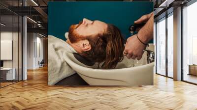 A professional barber cuts his beard to a young hipster man. Wall mural