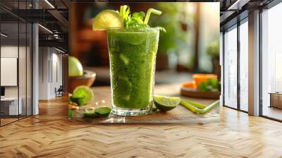 Green smoothie made from fruits and greens in a glass. Healthy drinks for detox. Wall mural