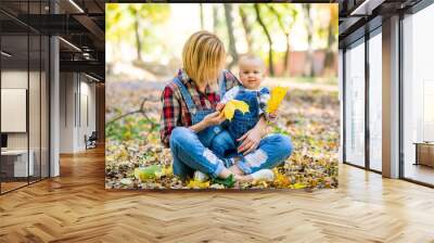 Happy young mother playing with baby in autumn park with yellow maple leaves. Family walking outdoors in autumn. Little boy with her mother playing in the park in autumn. Wall mural