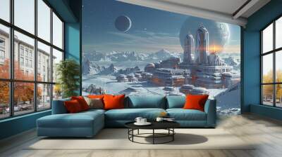 Space colonies of people on other planets. Near space exploration. Colonization of Mars and the Moon. Mining resources in space. Wall mural