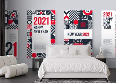 2021 new year greeting card set. Poster set with geometric shapes and pattern. Monochrome design with red elements. Design for greeting card, poster, cover, invitation, Vector illustration. Wall mural