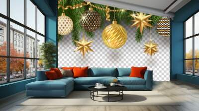 Christmas golden decoration and Christmas tree branches on a checkered background. Can be used on any background. Seamless frieze. Vector illustration. Wall mural