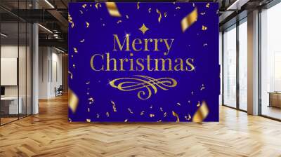 Christmas greeting design. Glitter gold greetings, flourishes pattern and golden confetti on blue background. Vector illustration. Christmas holidays design. Wall mural