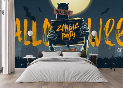 Halloween vector  banner - Dead Man's arms from the ground with invitation to zombie party. Illustration for invitation, greeting card or poster. Wall mural