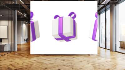 Set of realistic 3d render gift boxes. White gift box with purple bow and ribbon. Gift box in different angles. Vector illustration. Wall mural