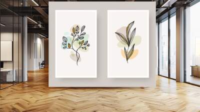 Set of wall art poster. Abstract shape and line art plant with glitter gold, Boho style botanical design for cover, print, poster, wall decoration. Vector floral design. Wall mural