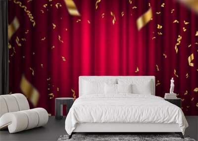 Spotlight on red curtain background and falling golden confetti. Vector illustration. Wall mural