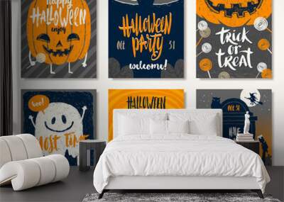 Vector set of Halloween holidays hand drawn invitation or greeting card with handwritten calligraphy greetings, words and phrases. Wall mural