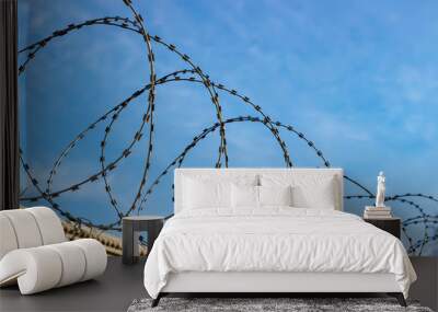 Barbed wire against the blue sky. Wall mural