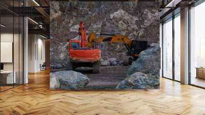 Two excavators digging ground together Wall mural