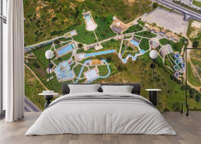 Aerial drone view of water park swimming pools on a summer day. Close-up. Wall mural