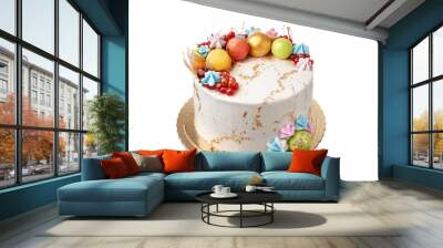 Celebration cake with gold. Decoration of fruit macaroon meringue. On a white background. Close-up. Wall mural