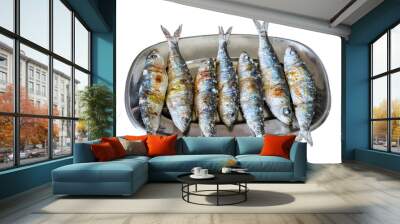 Traditional Portuguese grilled sardines with coarse salt on a metal plate isolated on a white background. Wall mural