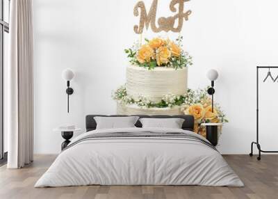 Two-story cake with flowers for a wedding. On white background. Wall mural