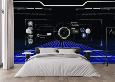 Blue Virtual reality space. Futuristic VR frame, Head-up Display Design. Sci-Fi Helmet HUD UI. Futuristic Technology. Cockpit of futuristic autonomous car. High tech screen. GUI design for video games Wall mural