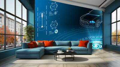 Futuristic car service, scanning and auto data analysis. Intelligent car banner. Futuristic isometric smart car and icons with machine benefits. Vector illustration Wall mural