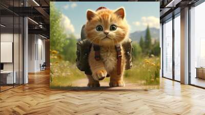 A cute kitten with a backpack going to school Wall mural