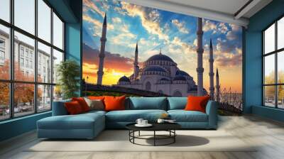 Camlica mosque has the distinction of being the largest mosque in Turkey. Photo taken on 29th March 2019, İstanbul, Turkey. A beautiful sunset from Camlica Mosque. Wall mural