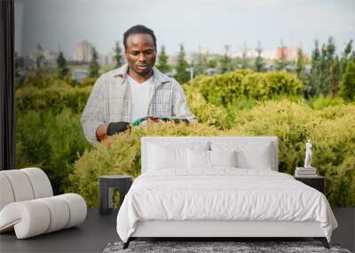 A african american young gardener cuts a tree with scissors. Gardening and tree shop concept Wall mural