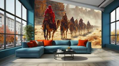 A caravan of camel traders walks in a line among the rocky desert of Africa. Wall mural