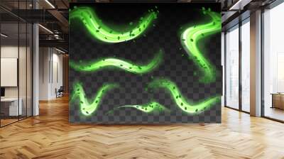 Abstract wind swirls with green leaves and sparkles isolated. Vector realistic set of magic air vortex, light twirls with particles. Design element of fresh and clean Wall mural