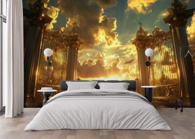 Aethereal Heaven's Gates - Ornate Gold Columns of Paradise Opening to Majestic Spirituality Wall mural