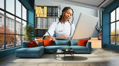 African female doctor talk with patient make telemedicine online webcam video call. Woman therapist videoconferencing on computer in remote telemedicine laptop virtual chat. Telehealth concept. Wall mural