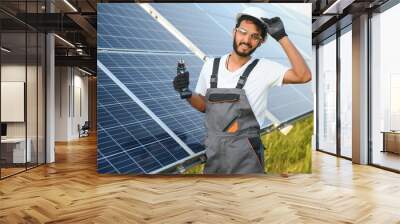 An Indian worker in uniform and with tools works on a solar panel farm Wall mural