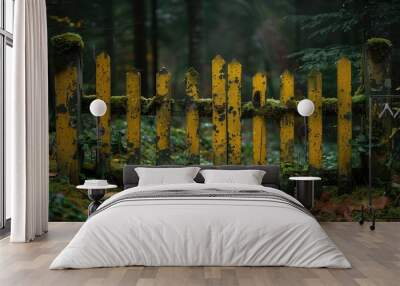 An old wooden fence overgrown with moss and greenery Wall mural