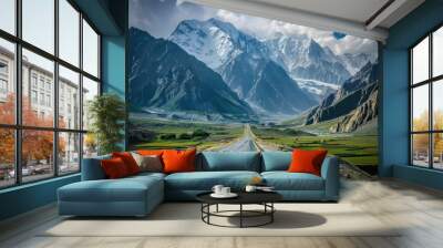 Beautiful Highway Landscape - Traveling the Asphalt Highway amidst Blue Mountains Wall mural